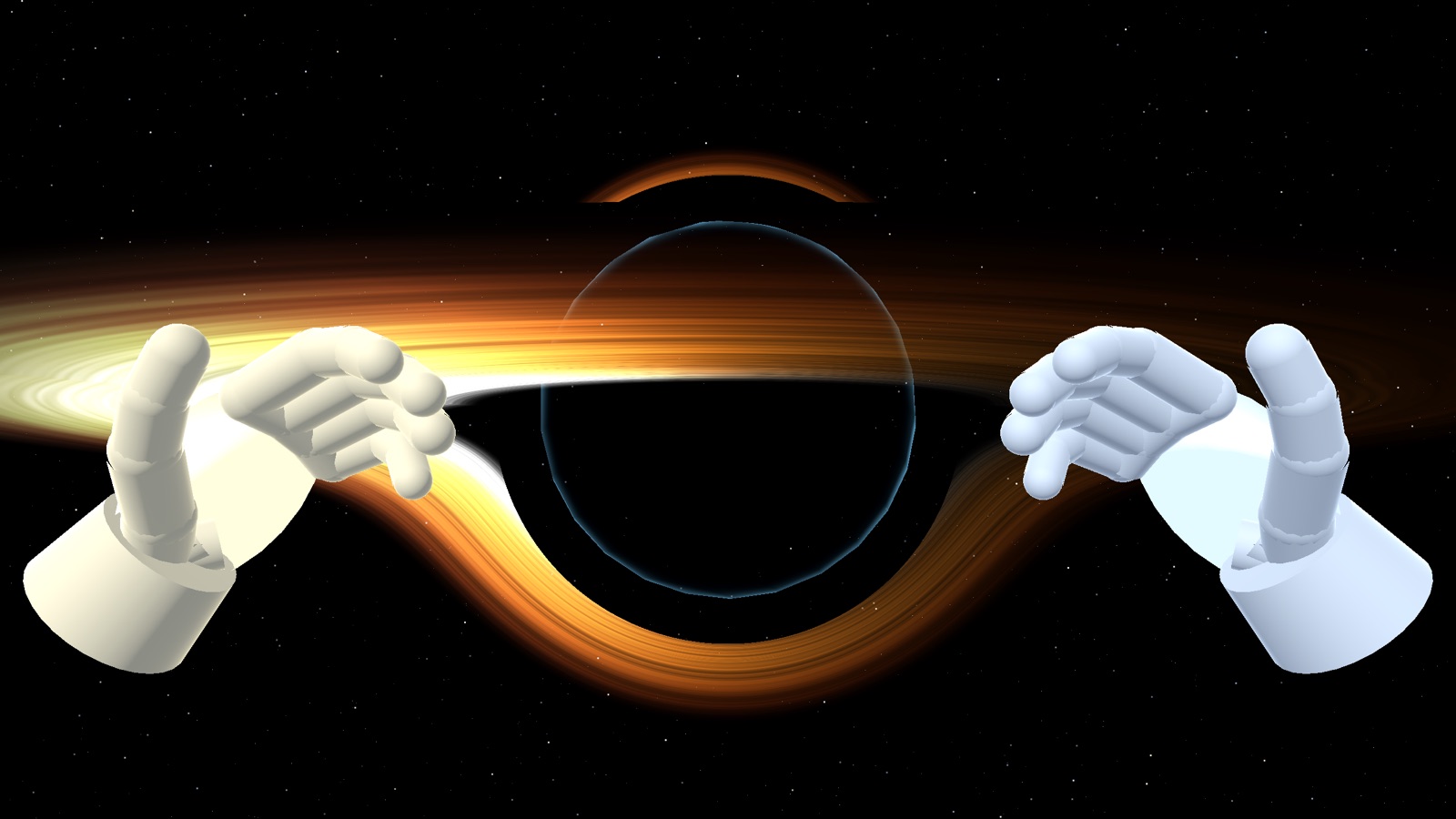Two glowing hands reaching toward a black hole in a mixed reality room